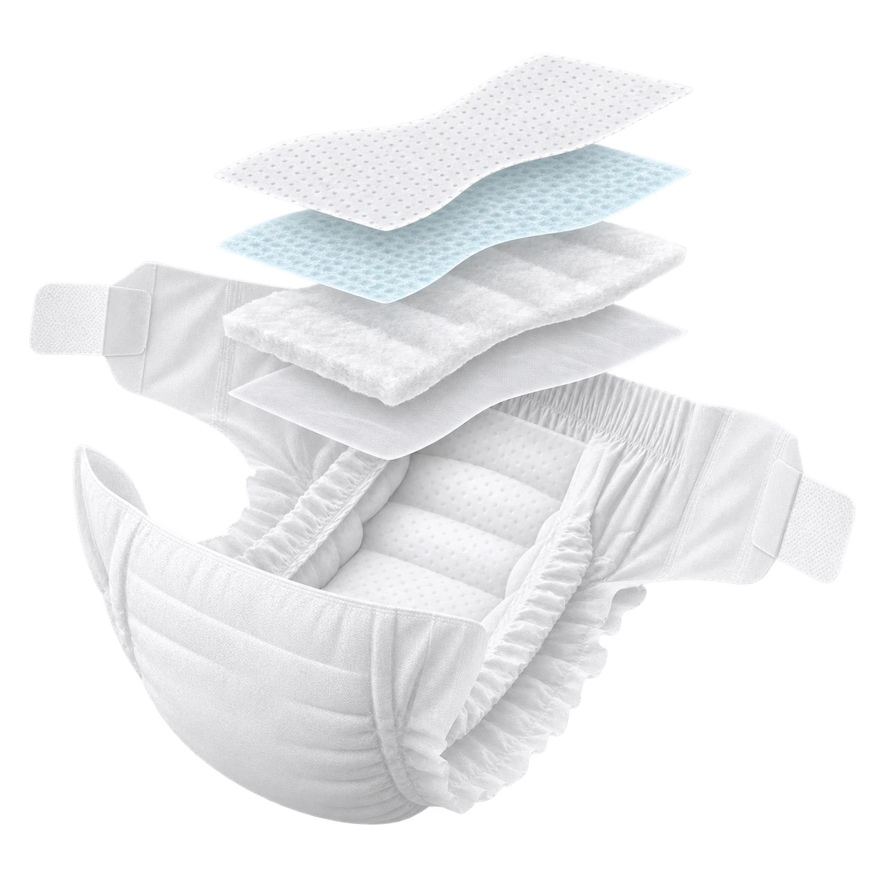 Illustrative exploded construction of a baby diaper with side wings; actual materials vary by product